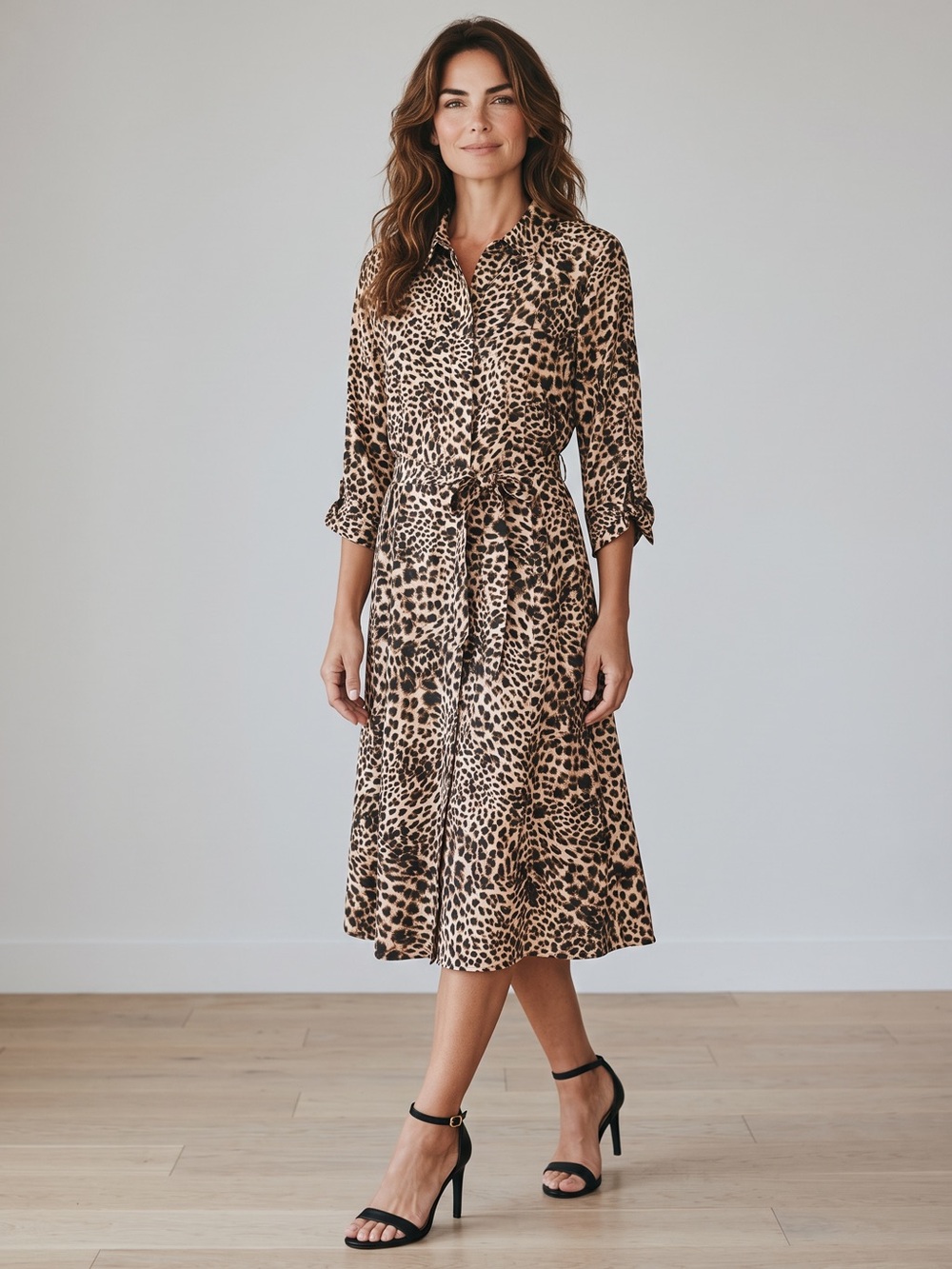 Calvin Klein Leopard Print Shirt Dress Size 12 Button Front Belted Fit & Flare